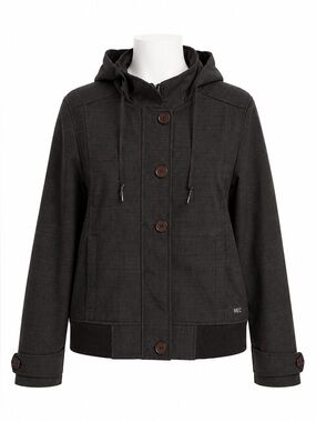 Size M MEC Women’s Fleece-Lined Soft Shell Hooded Jacket Dark Charcoal Gray